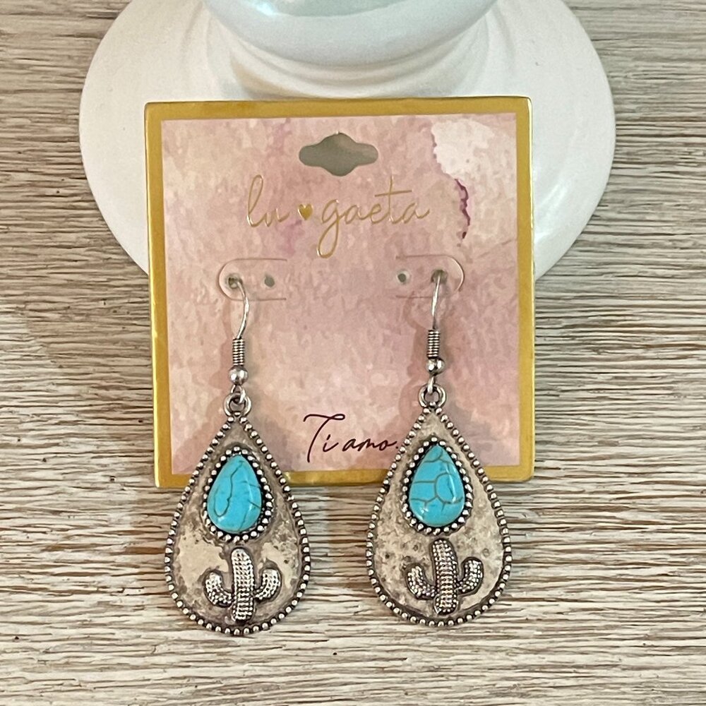 New Cactus Earrings Silver Turquoise Blue Dangle Drop Southwest Western Lu Gaeta